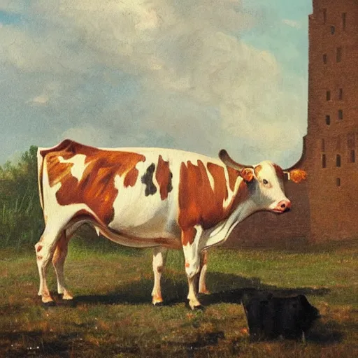 Image similar to painting by zorn, cow wearing!!! clothes!!! standing next to royal castle!!