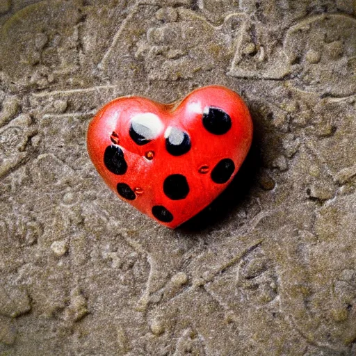 Prompt: ancient coin texture with heart and ladybug