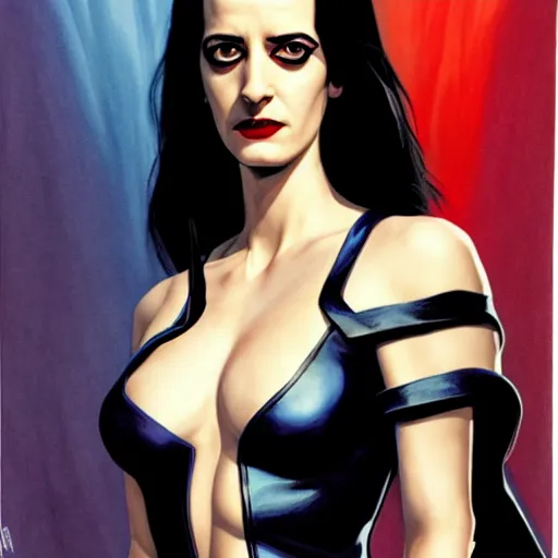 Image similar to Alex Ross comic art, wide shot, stunning elegant female Eva Green, Indigo Magician, beautiful evil sneer, symmetrical face, symmetrical eyes, leather clothing and boots, long straight red hair, full body, Indigo occult pattern