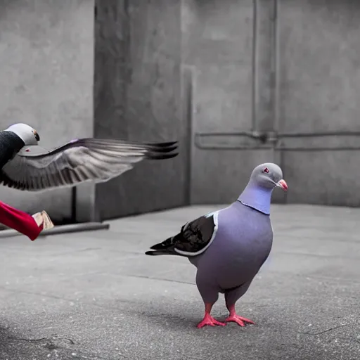 Image similar to a pigeon vs a kid kung fu style in a dojo for a piece of bread, facing each other, stand off, muscled pigeon like the rock, best photo award, high quality 8 k, cinematic lighting, cinematic composition, high detail, realism : 9 5 %