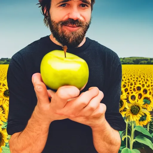 Prompt: A double exposure of a man holding an apple in a field of sunflowers