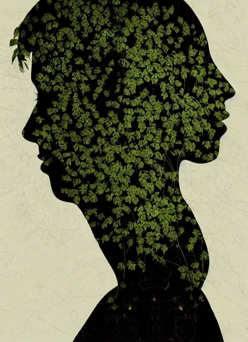 Image similar to a woman's face in profile, made of luminescent foliage, in the style of the Dutch masters and Gregory Crewdson, dark and moody, plain black background