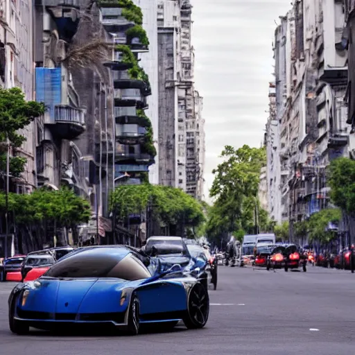 Image similar to Buenos Aires Argentina, futuristic cars in the street, holograms in the street, detailed, hd