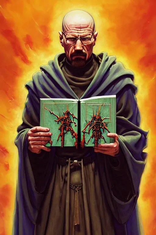 Image similar to painting of walter white as a cloaked tech priest holding a book, adeptus mechanicus!, cybernetic enhancements attached to his body, praise the omnissaiah, zdzislaw beksinski, lewis jones, mattias adolfsson, warhammer 4 0 k!!, cold hue's, warm tone gradient background, concept art, digital painting