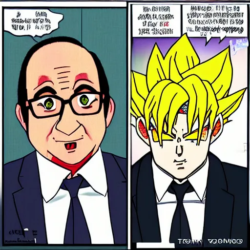 Prompt: François hollande transforming into super saiyan, drew by akira toryama