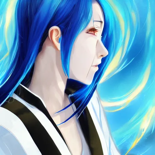 Image similar to side profile of rimuru tempest crying with sky blue hair, long hair, gold eyes, high collar, black jacket with white stripes | shiny, highly detailed, rain, professional digital painting, concept art, award - winning photography, cinematic, wlop | art by pixiv art, ilya kuvshinov yoshitaka amano