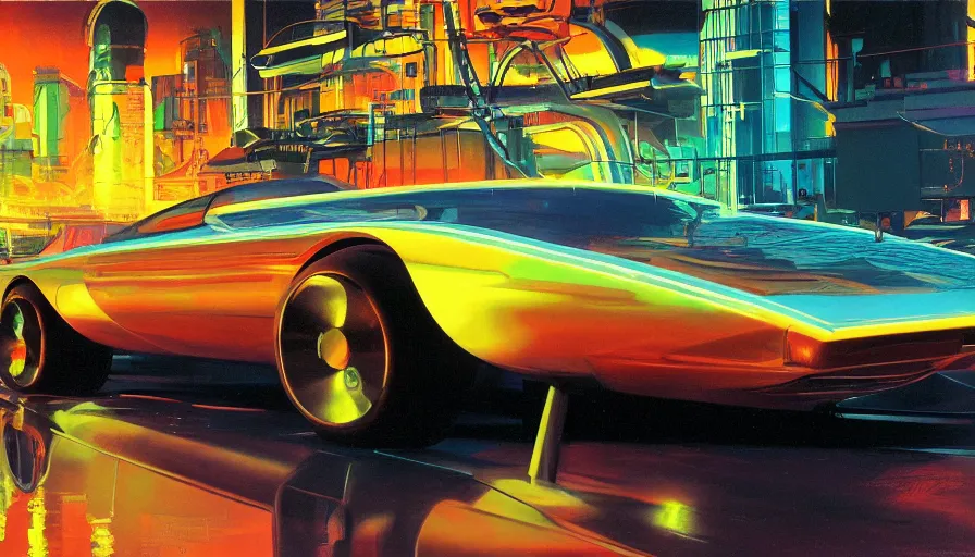 Image similar to Retro futuristic vehicle in a colorful urban landscape, neon lights reflecting in water, sci-fi concept art, by Syd Mead, highly detailed, oil on canvas