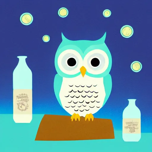 Image similar to a cute cartoon picture of an adorable owl of athena!! next to a a jar of fireflies! in the woods, a storybook illustration by arabella rankin and nyuju stumpy brown, behance contest winner, featured on pixiv, context art, storybook illustration, pop surrealism, nightscape, digital illustration