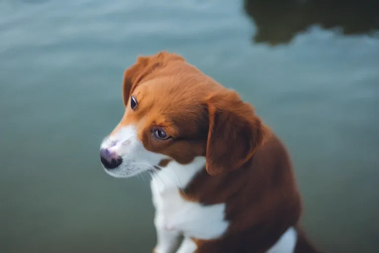 Prompt: an afraid puppy that is looking directly down at the water below while standing at an edge