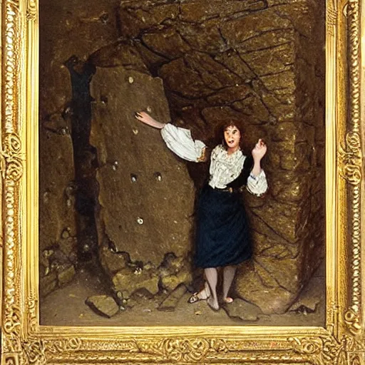 Prompt: young victorian man and woman solving a riddle carved into a stonewall in a dungeon, by alfred stevens