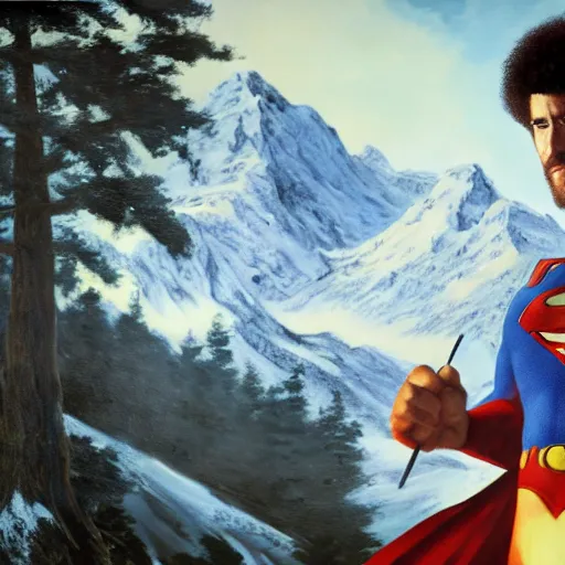 Image similar to a closeup photorealistic photograph of bob ross working on a canvas painting of superman. film still. brightly lit scene. mountains and trees. this 4 k hd image is trending on artstation, featured on behance, well - rendered, extra crisp, features intricate detail, epic composition and the style of unreal engine.