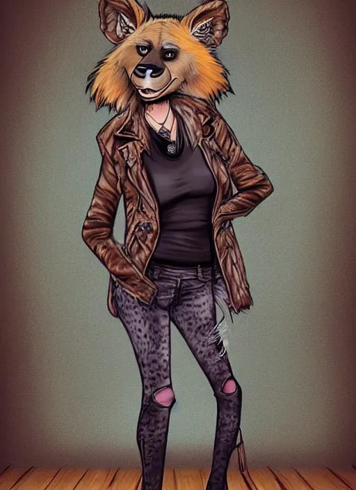 Image similar to award winning beautiful portrait commission of a female furry anthro hyena fursona with a bushy tail and a leather jacket, in a rock bar!!, cute, beautiful, attractive, detailed,