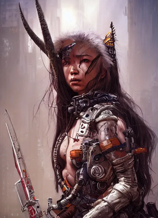 Image similar to hyper realistic photography portrait of postapocalyptic cyberpunk asian cyborg tribal warrior angel unicorn cinematic, brom, mucha, moebius juan gimenez artstation, cgsociety