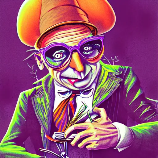 Image similar to graphic illustration, creative design, alice in wonderland with willy wonka, biopunk, francis bacon, highly detailed, hunter s thompson, concept art