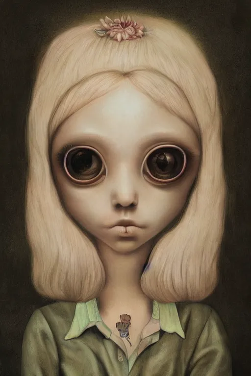 Image similar to pop surrealism, lowbrow art, big eyed realistic cute girl painting, japanese cute fashion, hyper realism, muted colors, trevor brown, mark ryden style