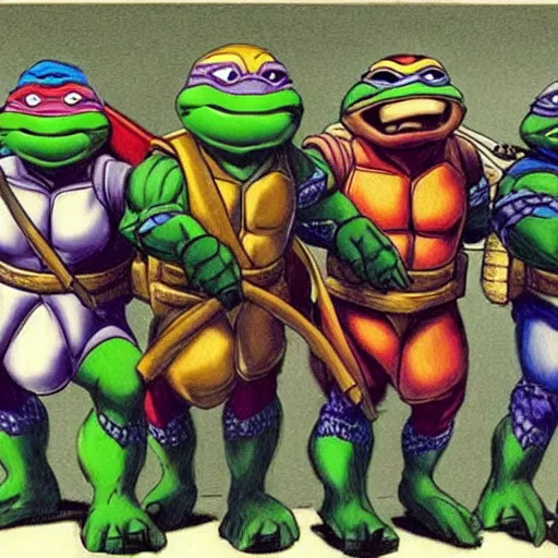 Image similar to teenage mutant ninja turtles in 1 9 9 0 s, photorealistic