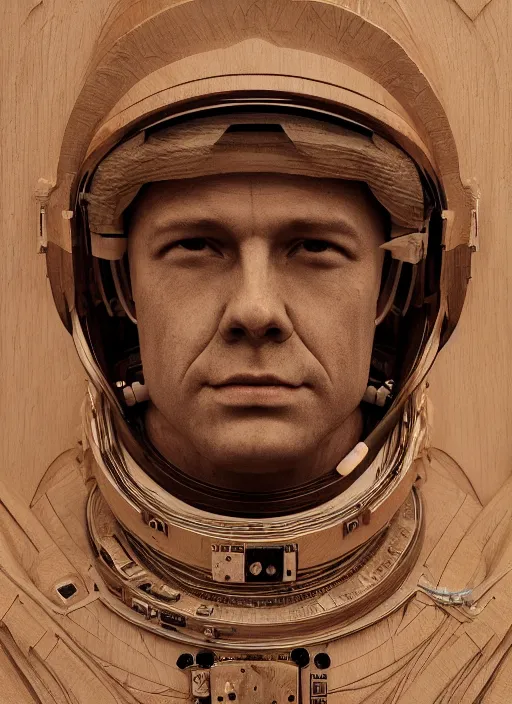 Image similar to high intricate portrait of an astronaut carved from wood in baroque style, studio light, maria panfilova, andrea savchenko, mike kime, ludovic plouffe, qi sheng luo, oliver cook, trending on artstation