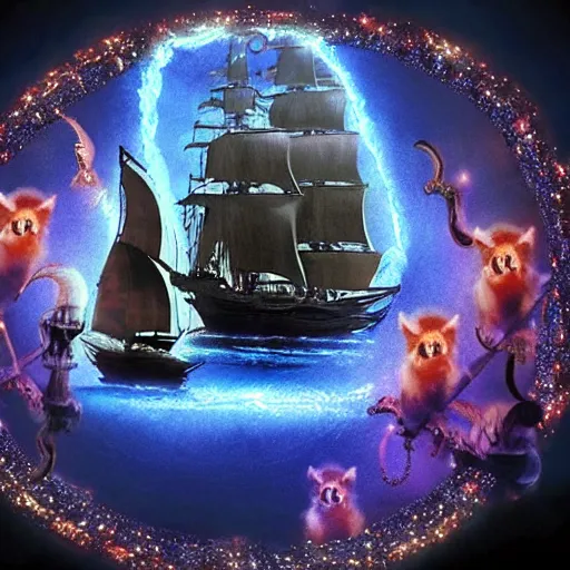 Prompt: A picture of the black pearl from pirates of the carribean with many glowing cats sitting in a circle on it