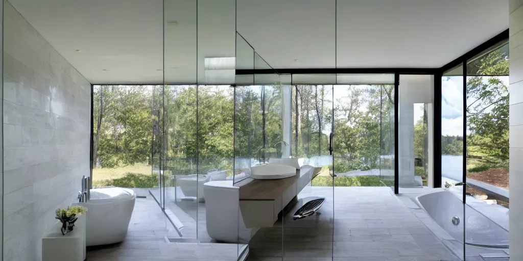 Prompt: grey brick glass contemporary modern hamptons mansion bathroom concept interior design next to body of water by mcalpine house, by jackson & leroy architects