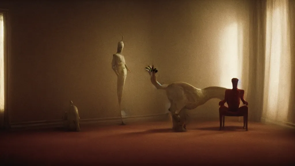 Image similar to a strange creature made of wax and water in the living room, film still from the movie directed by Denis Villeneuve with art direction by Zdzisław Beksiński, wide lens