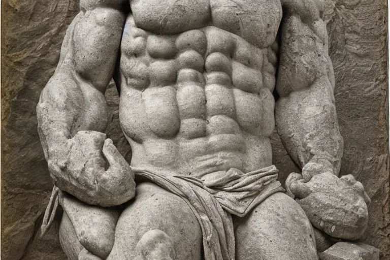 Image similar to a large muscular man, made of stone, wearing clothes - c 1 1. 0