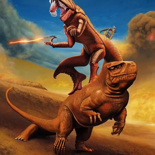 Prompt: benjamin netanyahu riding a t - rex with a shotgun, epic volcano background by victor adame minguez by yuumei by tom lovell by sandro botticelli