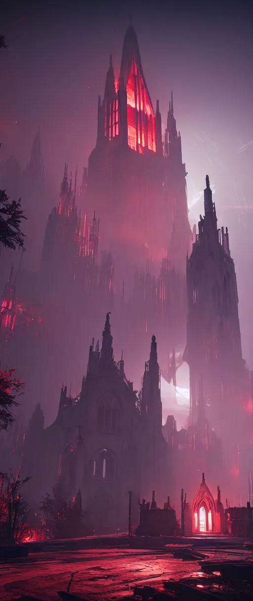 Image similar to symmetrical, centered composition, ancient church with red shafts of light in destiny 2, foggy, liminal, dark, dystopian, beautiful architecture, abandoned, highly detailed 4 k destiny 2 expansion key art wallpaper