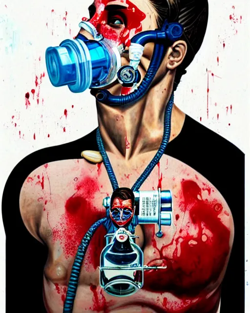 Prompt: diver man wearing oxygen mask, has blood, rose, a pistol and a syringe needle with sea background intricate details with horror side profile by Sandra Chevrier
