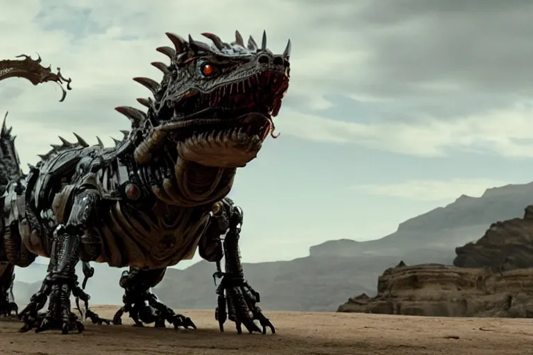 Image similar to cinematic still of westworld, a intact si - fi robotic fantasy dragon, well armored mech dragon, highly detailed