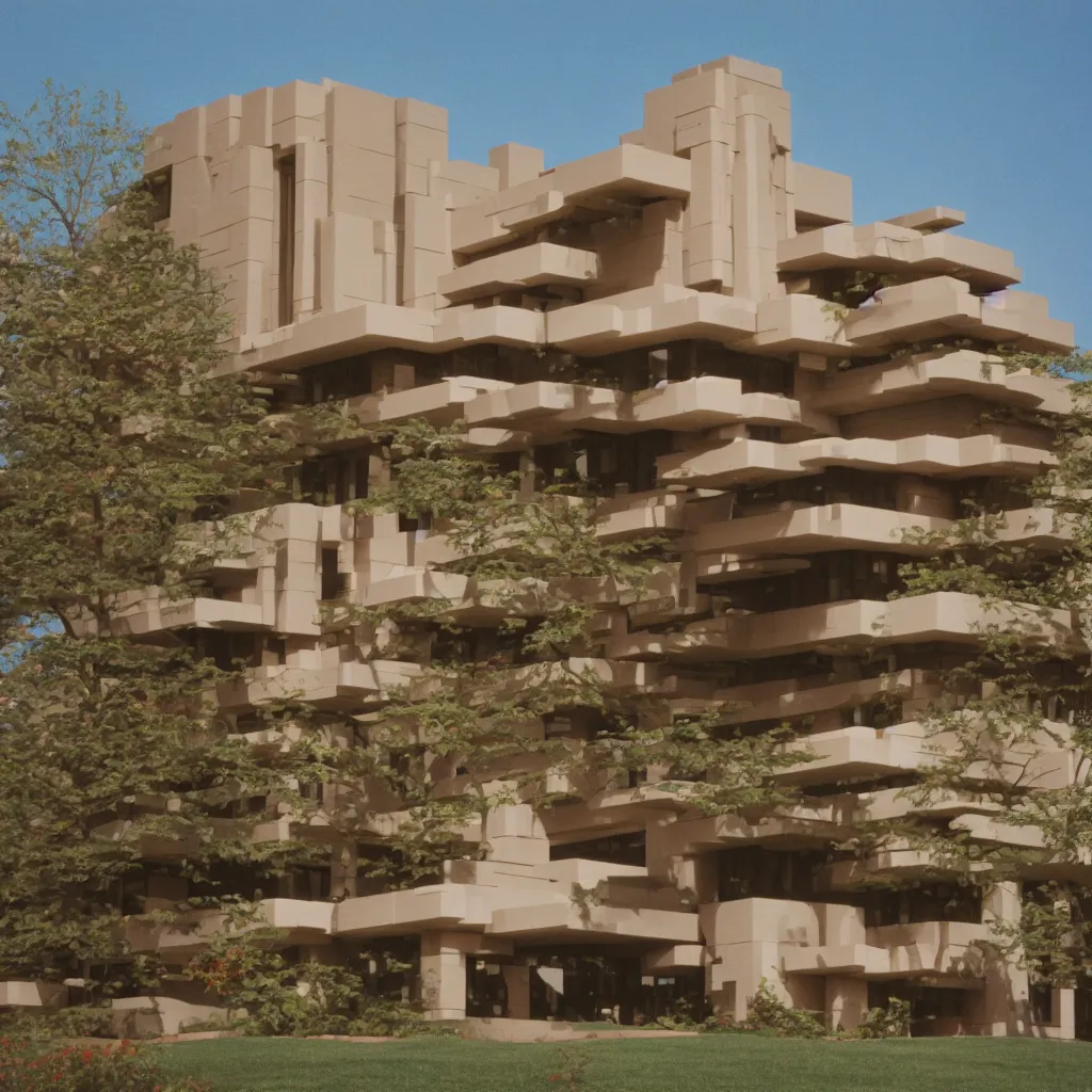 Image similar to photo of a Frank Lloyd Wright building made of LEGO, 50mm, pentax, film