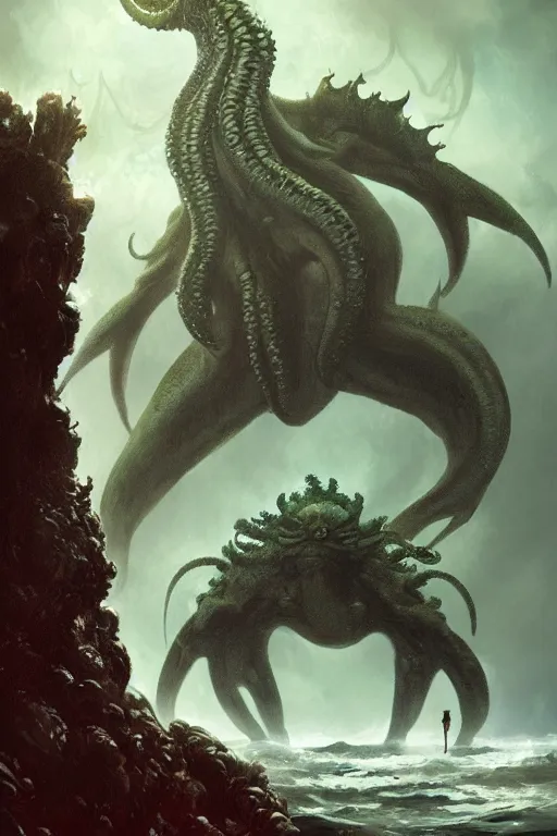 Prompt: cthulhu kaiju, ocean, storm, digital art, magic the gathering, mtg, by greg rutkowski, trending on artstation