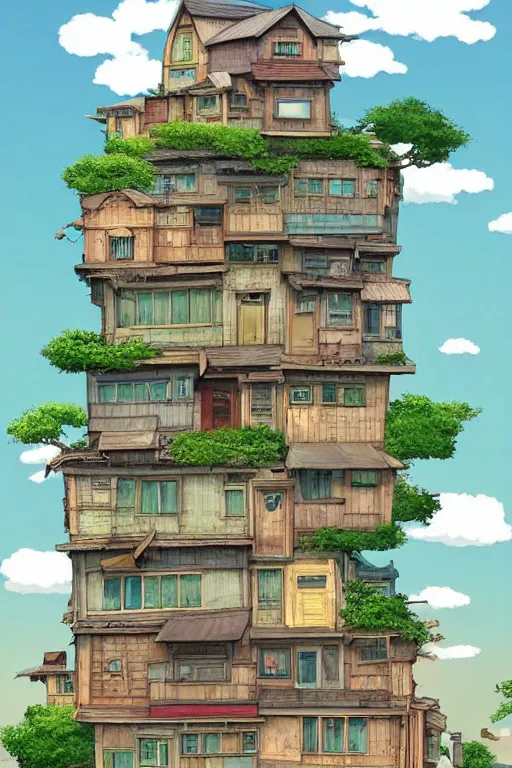 Image similar to stacked houses, solarpunk, studio ghibli