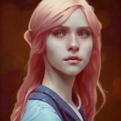 Prompt: portrait of a scottish teenage girl with pinkish grayblonde hair, glowing skin, awkward, nerdy, fantasy, intricate, elegant, dress shirt, highly detailed, digital painting, artstation, concept art, smooth, sharp focus, illustration, art by Krenz Cushart and Artem Demura and alphonse mucha