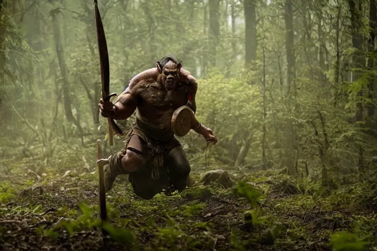 Image similar to vfx movie closeup detailed ancient warrior orc hunting elk in the forest, natural lighting by emmanuel lubezki