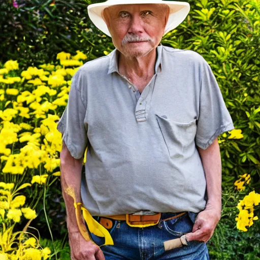 Prompt: portrait of an old man in with short grey hair and no beard wearing a straw hat standing in a garden, yellow t shirt, jeans, brown leather shoes, photography, high detail,