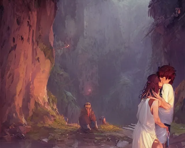 Image similar to a cinematic boy girl traditional romance moment, exploring the caves boho clothing, full body illustration, bestselling movie art poster, official media, 1970s fashion, dynamic lighting official anime media, incredible art by artgerm and greg rutkowski