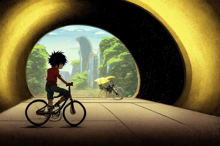 Prompt: a boy riding his bike alone through a long tunnel, high intricate details, rule of thirds, golden ratio, cinematic light, anime style, graphic novel by fiona staples and dustin nguyen, by beaststars and orange, peter elson, alan bean, studio ghibli, makoto shinkai