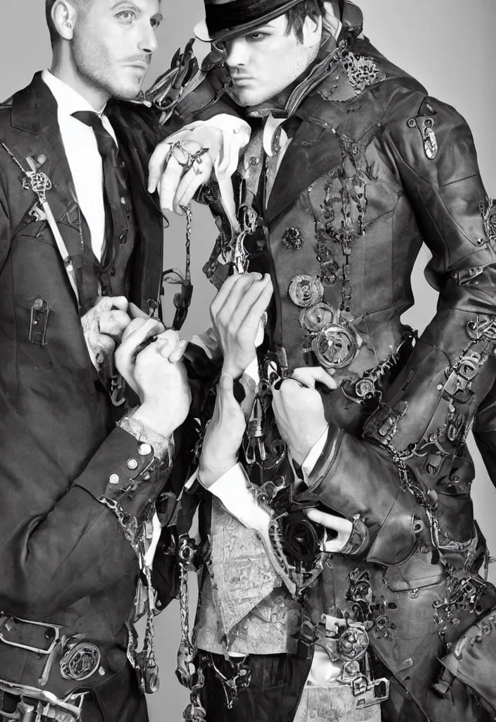 Image similar to two handsome men looking each other with steampunk suit photographed by bruce labruce