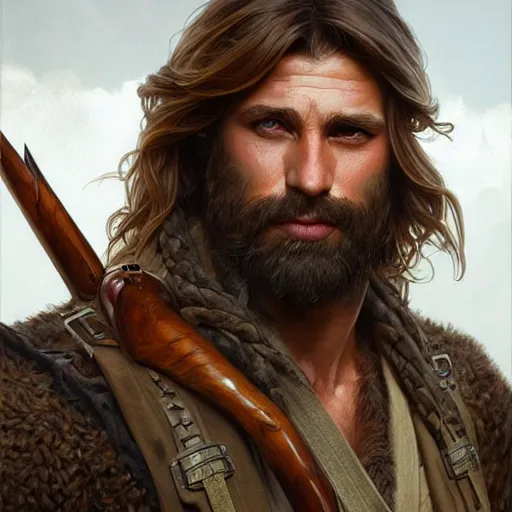 Image similar to Portrait of rugged male ranger, D&D, amber eyes, face, long hair, muscular, fantasy, intricate, elegant, highly detailed, digital painting, artstation, concept art, smooth, sharp focus, illustration, art by artgerm and greg rutkowski and alphonse mucha