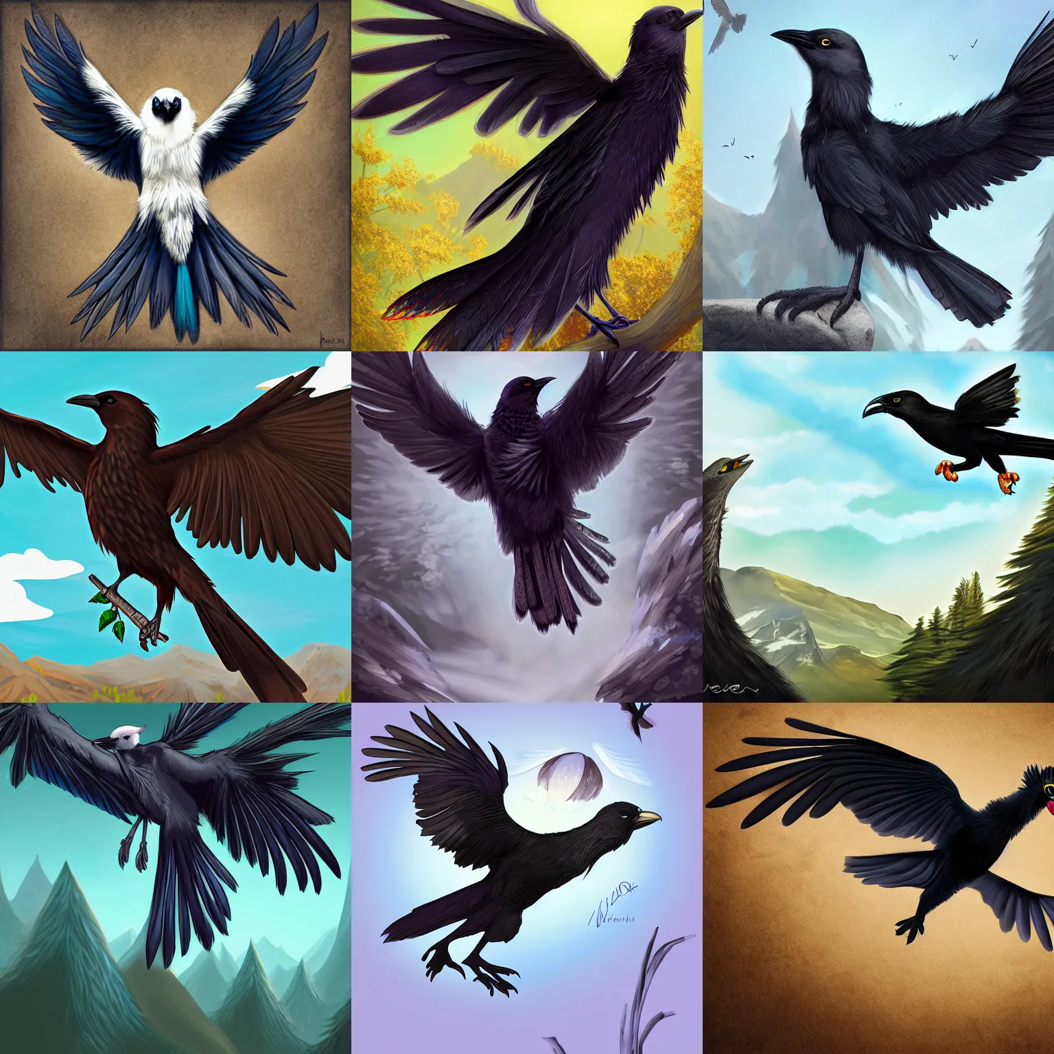 Prompt: very very beautiful avian furry art, male anthro crow adventurer, outstretched wings, commission on furaffinity, highly detailed digital art