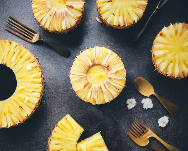 Image similar to dslr food photograph of a pineapple cake, 8 5 mm f 1. 4