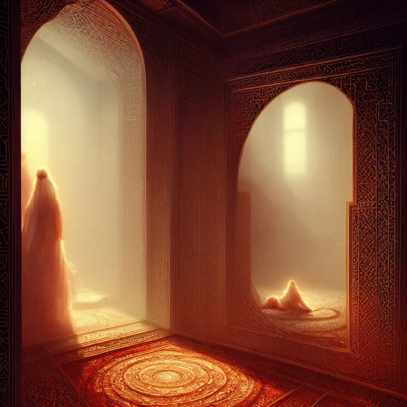 Prompt: magic fluffy Persian carpet & mirror dimension, vertical labyrinth structure, by Greg Rutkowski and Gaston Bussiere, dim lighting, beautiful volumetric-lighting-style atmosphere, surreal atmosphere, intricate, detailed, photorealistic imagery, artstation