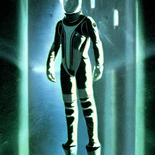 Image similar to concept art from 1 9 9 8 by david cronenberg diver astronaut in underwater futuristic dark and empty spaceship. complex technical suit design. reflection material. rays and dispersion of light breaking through the deep water. trend artstation, 3 5 mm, f / 3 2. noise film photo. flash photography