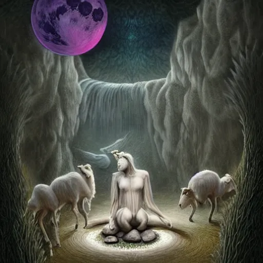 Prompt: an anthromorphic wolf dressed like a sheppard with 2 sheep in a zen garden with a waterfall under the blood moon, by Adi granov and afarin sajedi and amanda sage and evgeni gordiets and Agostino Arrivabene and adonna khare in a psychedelic portrait style, ultrarealistic matte painting, volumetric lighting, fractal, extremely symmetrical, highly detailed face, orisha, 8k, hd