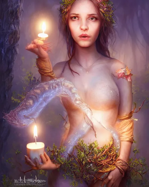 Image similar to portrait high definition photograph cute girl holding a candle fantasy character art, hyper realistic, pretty face, hyperrealism, iridescence water elemental, snake skin armor forest dryad, woody foliage, 8 k dop dof hdr fantasy character art, by aleski briclot and alexander'hollllow'fedosav and laura zalenga