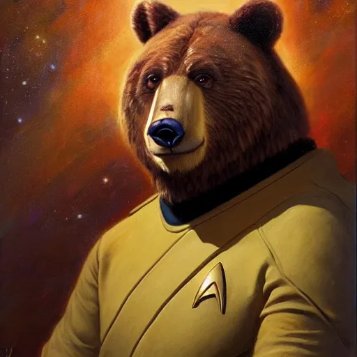 Prompt: a portrait of a bear bearman in a starfleet uniform star trek chief engineer. zootopia fursona furaffinity furry art detailed face highly detailed painting by gaston bussiere craig mullins jc leyendecker gustav klimt artgerm greg rutkowski furry