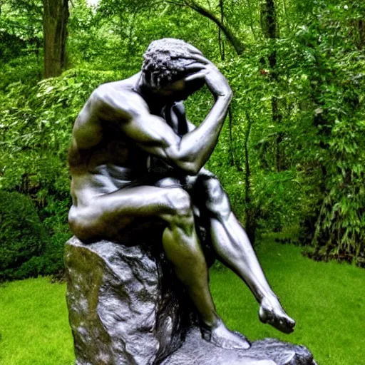 Prompt: The thinker sculpture by auguste rodin, mushrooms at the base , placed in a lush forest, style of William Bartram