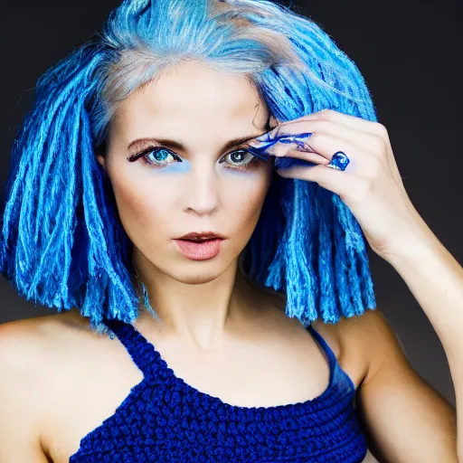 Prompt: a photo of a Caucasian female model with blue hair wearing a crocheted croptop