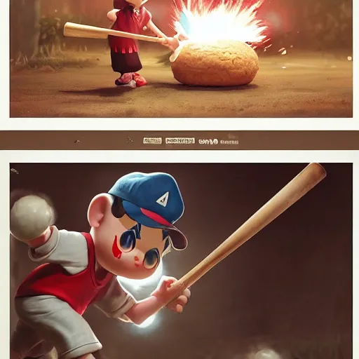 Prompt: ness from earthbound striking a giant chocolate cookie with a baseball bat, smashing it to bits by ruan jia. artstation, volumetric light, detailed, photorealistic, fantasy, rendered in octane