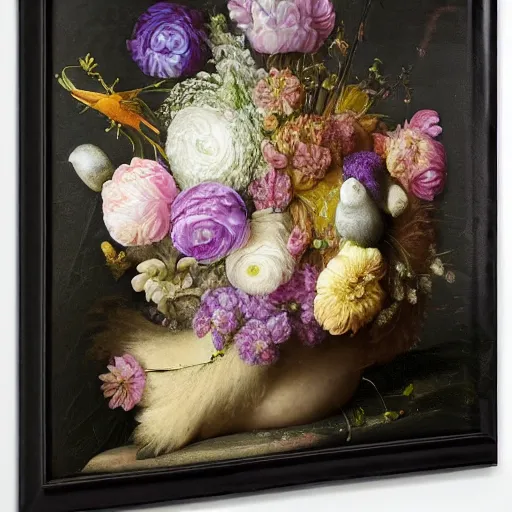 Image similar to still - life of bouquet of lilac and ranunculus with honeycomb bees and birds feathers, rachel ruysch, dark, moody